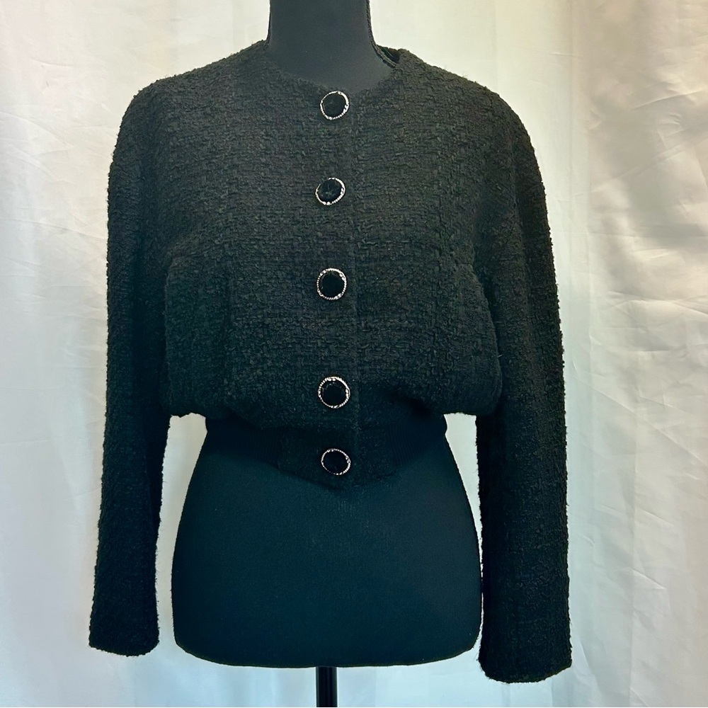 Zara Black tweed bomber jacket velvet button front Sz L